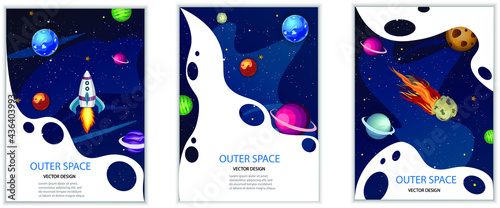 Space banners. Rocket, planets, comets. Set of vertical templates for cover, flyer, brochure. Universe, galaxy in cartoon style. Vector image.
