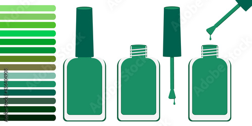 Palette with shades of green. And three bottles of blue lacquer open and closed