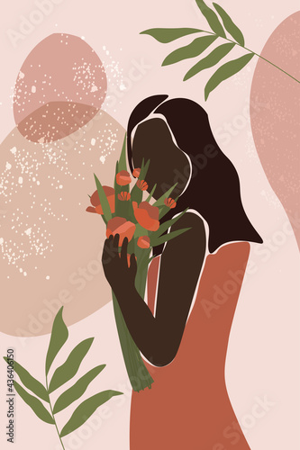 A young attractive dark-skinned woman in a summer dress with a bouquet of flowers in her hand. Contemporary minimalistic abstract art portrait. Vector graphics.