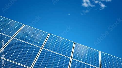 Solar panel isolated on a blue sky. Solar PV modules. Clouds. 3D illustration. photo