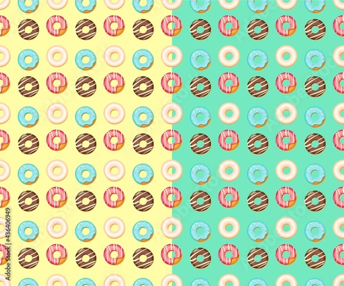 Fototapeta Naklejka Na Ścianę i Meble -  Set of two seamless donut patterns on yellow and green background. Donut. Seamless pattern. Background.