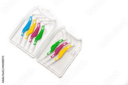 kit interdental brushs on a white background. Copy space