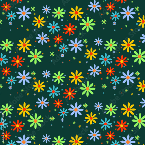 Seamless background with flowers. Vector . Factory textiles . Children's jackets . Women's dresses . Colors green , blue , orange , blue .