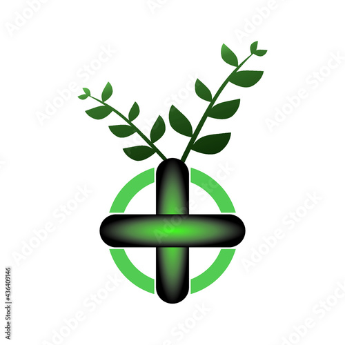 Green cross with a plant on top. suitable for hospital, clinic, drug store or any medical service logo.