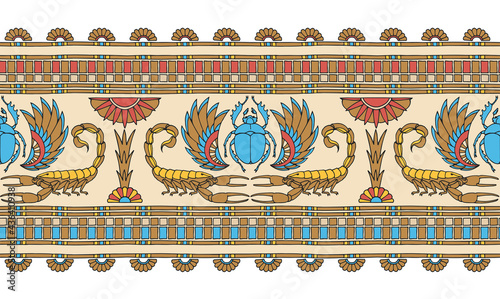 horizontal seamless pattern, ancient Egyptian decorative ornament with scorpions, scarabs and palms, vector illustration with contour lines isolated on white background in cartoon and hand drawn style