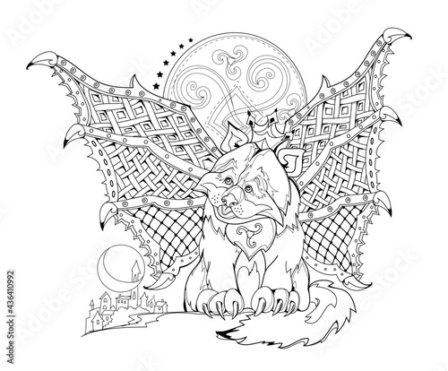 Illustration of little warlike kitten from ancient Celtic legend. Black and white page for kids coloring book. Print for logo or tattoo. Sheet for drawing and meditation for children and adults.
