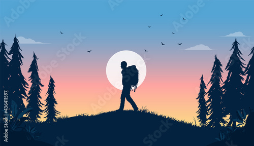 Backpacker freedom - Silhouette of man walking over hilltop in landscape with sun in background. Travelling and journey concept. Vector illustration.