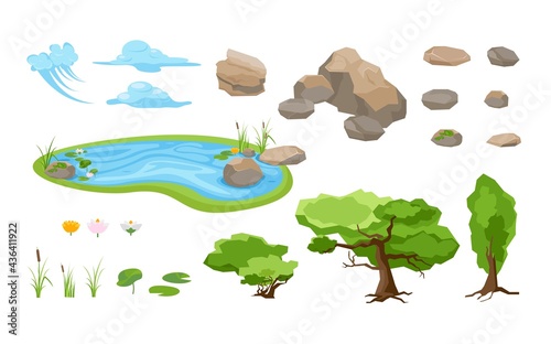 Landscape constructor. Set of different nature forests and hills. Set of rocks and mountains, trees and clouds, rives