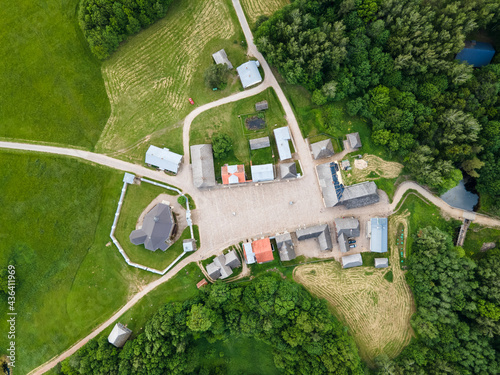 Open-air ethnographic museum Rumsiskes in Lithuania, drone PoV photo