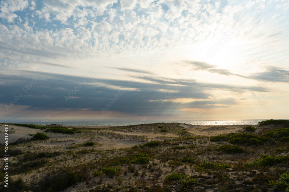 Obraz premium sky, sunset, landscape, nature, clouds, mountain, sun, sea, sunrise, blue, cloud, water, beach, view, summer, evening, ocean, mountains, light, sunlight, green, panorama, horizon, forest, fog