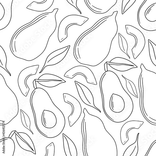 Seamless avocado pattern, exotic fruit, summer tropical fruit set, network vector illustration, fruit icons, white background, flat icon, single lines, doodle graphics, pattern graphics