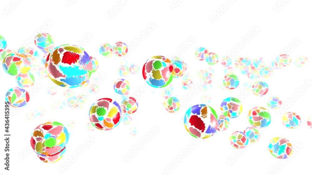 Balls fly and jump against a white background. 3D animation of round objects with bright colors on the background of a fog in the fog. Balls fly and jump against a white background. 3D animation of round objects with bright colors on the background of a fog in the fog.