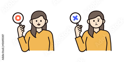 まるとばつの札を持つ女性のイラスト素材