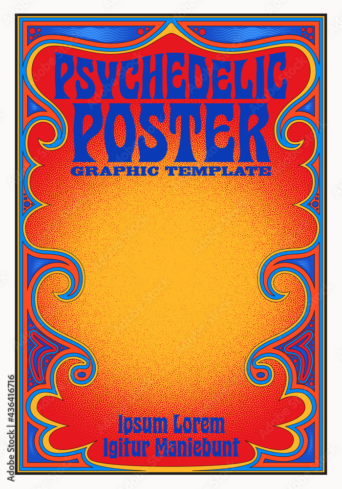 A poster template with a retro psychedelic vibe. Classic 1960s style red, yellow and blue color palette. Similar to San Francisco / Haight Ashbury music posters. - obrazy, fototapety, plakaty 