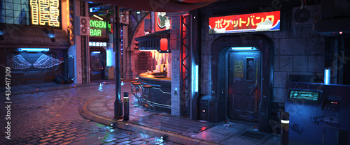 Quadro em tela Futuristic Asia Street at Night. 3D Render