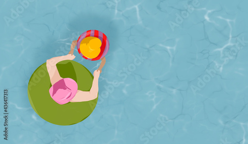 Summer concept in pool. Grandmother or Mother with child swimming with floats. Copy space.