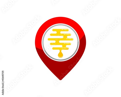 Red pin location with abstract bee hive inside