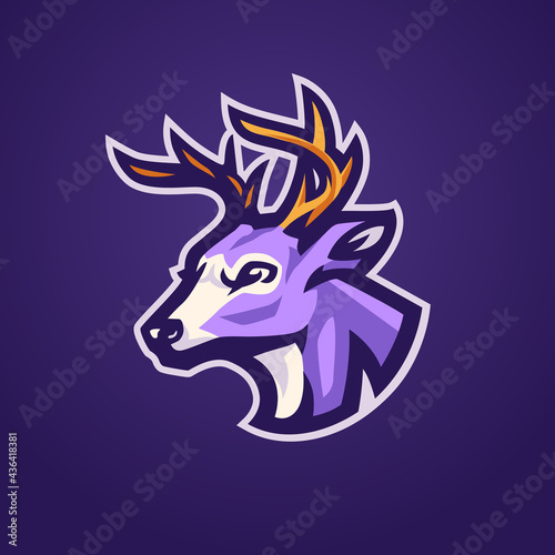 White tailed deer mascot logo. Buck animal sports logo with yellow antlers. Unique animal logo illustration concept. 