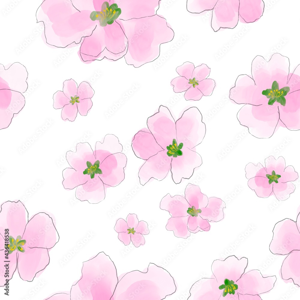 seamless pattern with pink apple tree flowers