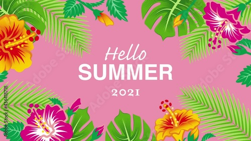 Swaying hibiscus flowers and tropical leaves frame animation  - Included greeting words 