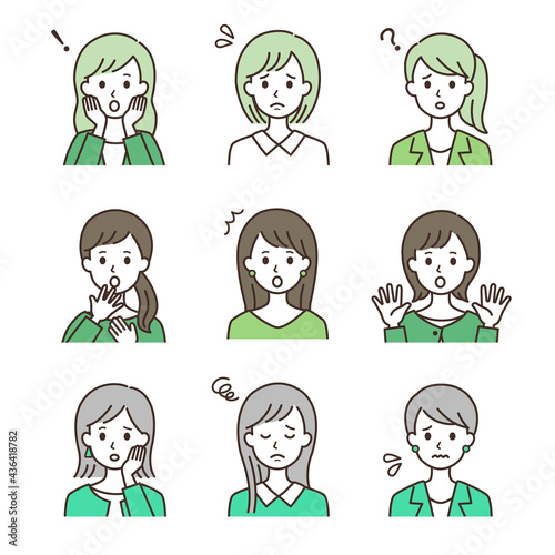 色んな表情の女性 シンプルな線画イラスト
