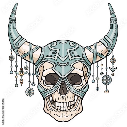 Fantastic horned human skull in iron armor. Spirit of the soldier. Ethnic jewelry. Boho design. The isolated drawing on a white background. Vector illustration. Print, posters, t-shirt, textiles.