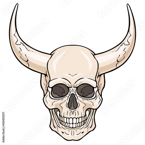 Fantastic horned human skull. The color illustration isolated on a white background. Print, posters, t-shirt, textiles.