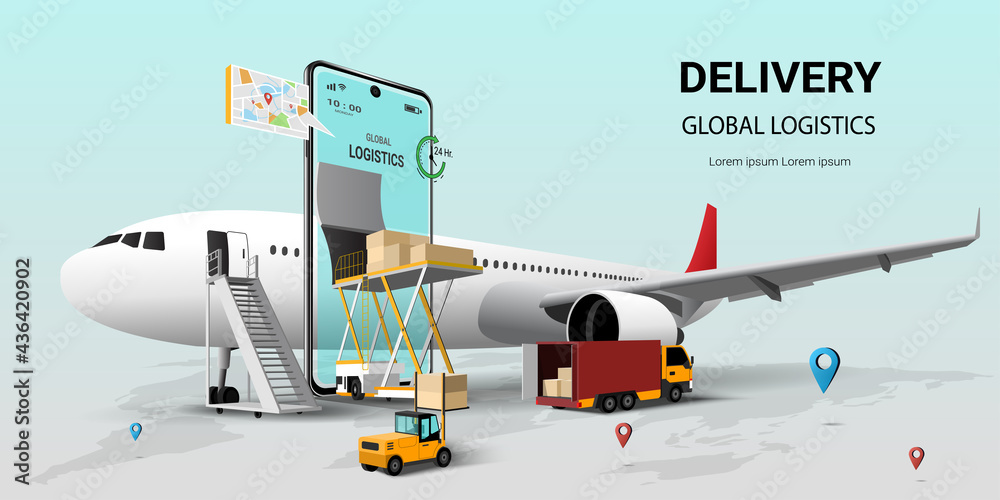 Online delivery service on mobile, Global logistic, transportation. Air freight logistics. Online order. airplane, warehouse and parcel box. 3D Perspective Vector illustration - obrazy, fototapety, plakaty 