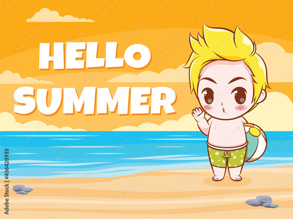 A cute boy holding a beach ball says hello summer. summer greeting concept illustration.