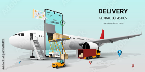Online delivery service on mobile, Global logistic, transportation. Air freight logistics. Online order. airplane, warehouse and parcel box. 3D Perspective Vector illustration