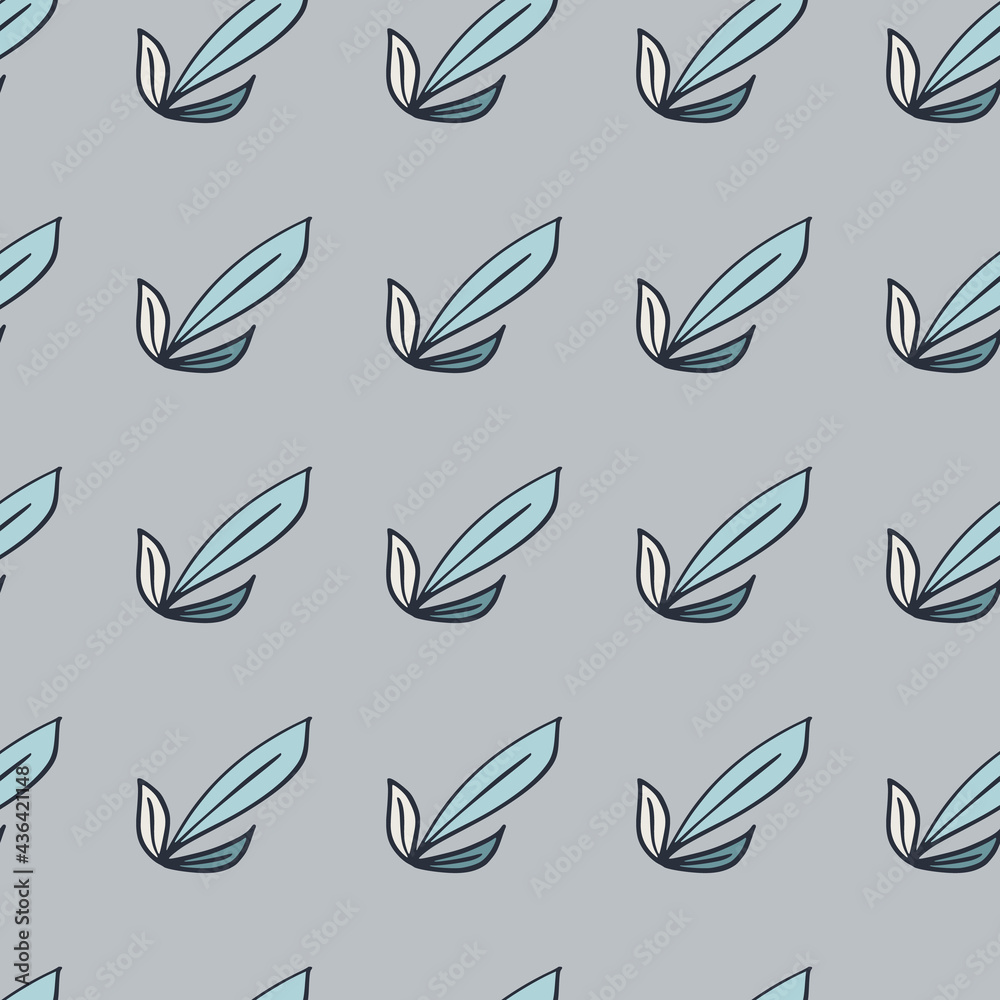Decorative seamless pattern with outline simple leaf elements shapes. Blue background.