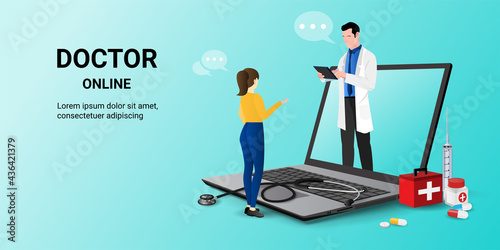 Doctor online on laptop app with doctor and  patient. Online medical clinic, online medical consultation, tele medicine. Online healthcare and medical consultation. Digital health concept. 3D vector