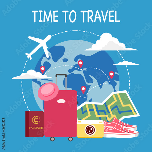Time to travel concept vector illustration. Airplane, passport, luggage, camera, hat, map and shoes in flat design. World trip.