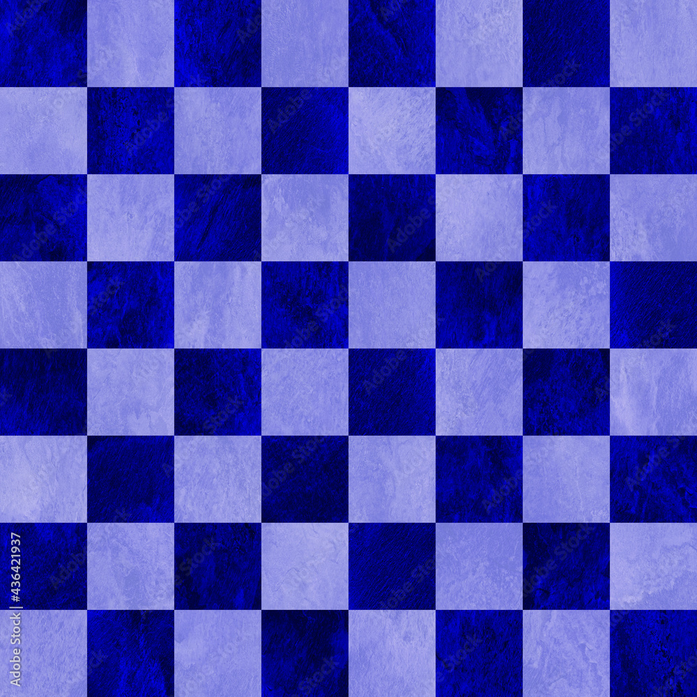 Fototapeta premium Blue checkered chess board background. Polished marbled stone textured squares. Seamless.