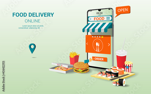 Food delivery online service on mobile phone. Online food order. Internet e-commerce. Digital marketing and Modern marketing. Concept for website or banner. 3D Perspective Vector illustration