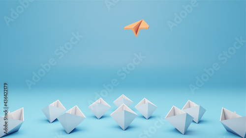 Illustration of leadership concept with orange paper plane leading among white paper boats on blue background