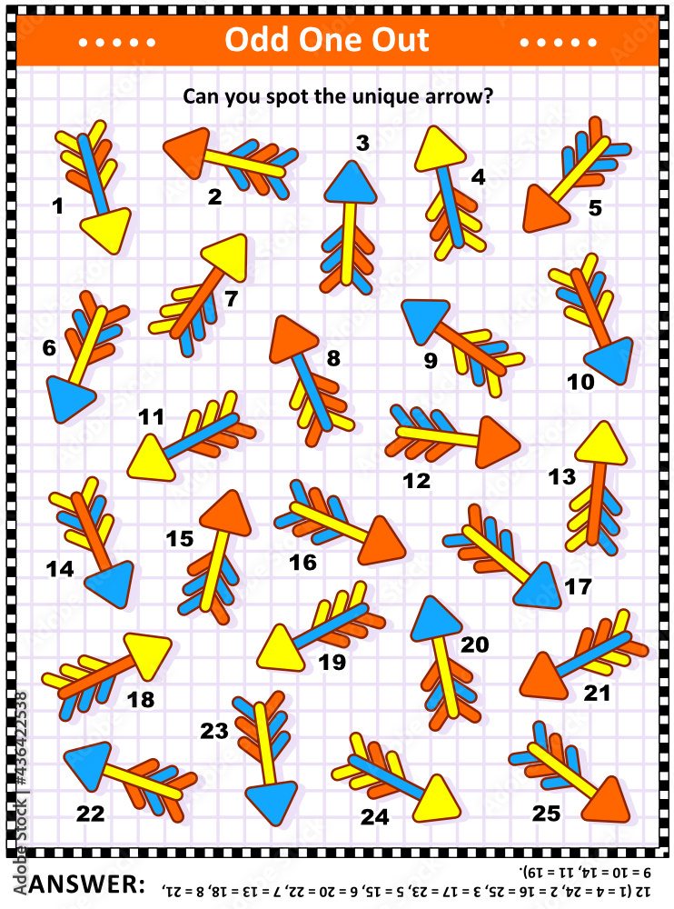 Visual puzzle with colorful arrows (suitable both for kids and adults): Spot the odd one out. Find the unique arrow. Answer included.