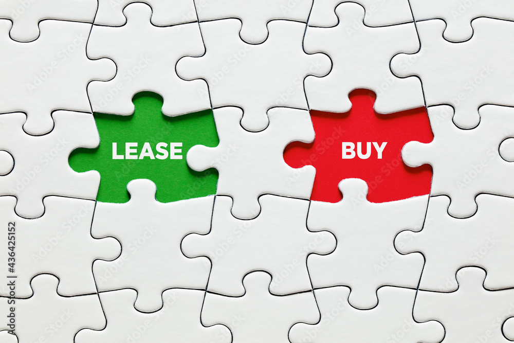 Missing puzzle pieces with the words lease and buy. Decision or dilemma between to lease or to buy. Missing puzzle pieces with the words lease and buy. Decision or dilemma between to lease or to buy.
