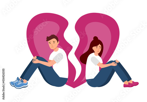 Sad loving couple sitting and hugging knees with pink broken heart pieces on background. Breakup or divorce problem.