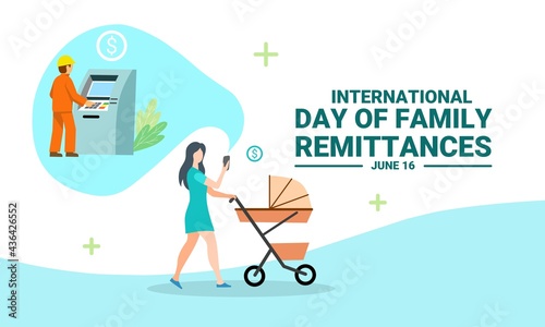 Vector illustration of migrant worker transferring money to family, as a banner or poster, International Day of Family Remittances (IDFR).