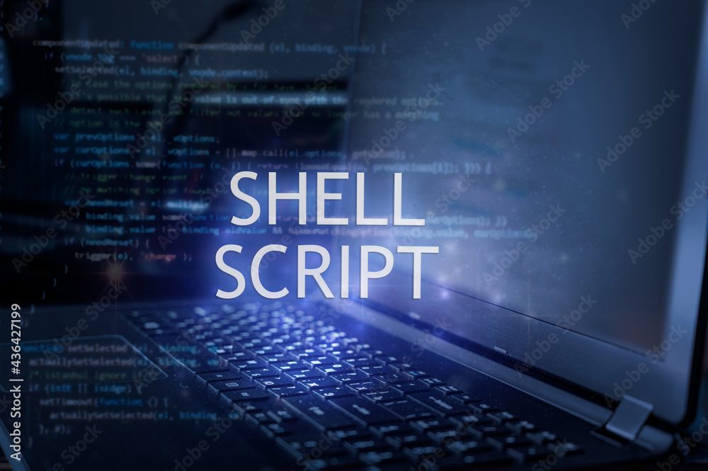 Shell script inscription against laptop and code background. Technology ...