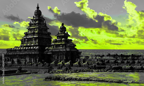 Mamallapuram Sea Shore Temple Photo Double Exposure Background Insert and Edited  Creative Editing With Vibrant Colorful background  Rare Collection Images  Best For Wallpaper and Magazine Front Cover