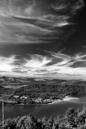 Beautiful black and white landscape. Panoramic view. Bariloche Argentina.