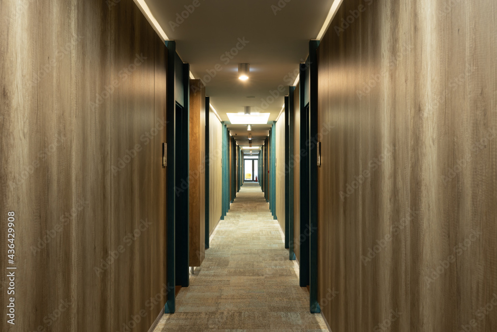 Corridor hallway interior with wooden walls