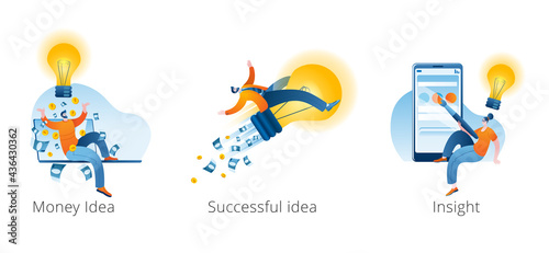A young man flies on a light bulb-thoughts, as on a rocket. The young man came up with a brilliant idea that brings money. Set of vector illustrations of a successful idea.