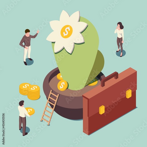 Investment concept. Abstraction of business, entrepreneurship. People invest their money in a profitable venture. Vector illustration in isometric style. Isolated on green background