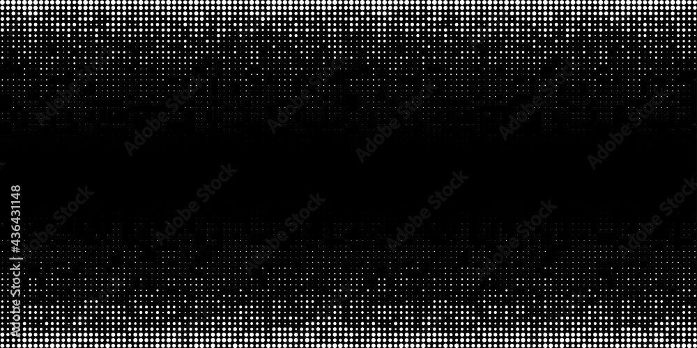 White Halftone horizontal gradient pattern. Background using halftone random dots texture. Grunge backdrop. Technology design element. Vector Illustration