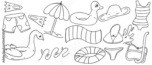 set of summer items - tree, swimsuit, inflatable circle, vector set of doodle elements, coloring, black outline