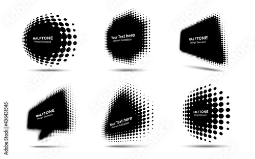 Halftone circle dots perspective logo emblem design element for technology, medical, treatment, cosmetic. Set half tone frame banners. Vector illustration.