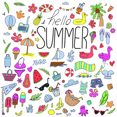 hello summer, set of summer items - tree, swimsuit, inflatable circle, vector set of colored doodle elements with black outline